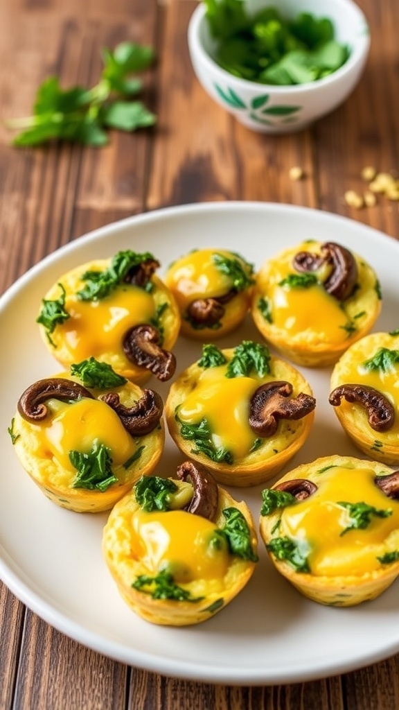 A plate of kale and mushroom egg bites, golden and fluffy, with vibrant colors from the vegetables and cheese.